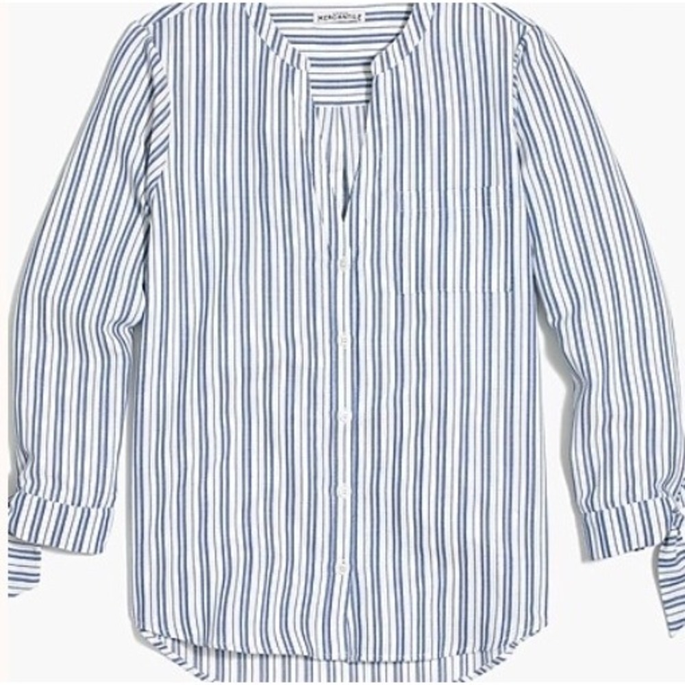 J.Crew Tie-Sleeve Striped Button-Up Shirt Blue & White Cotton Popover Top SZ M